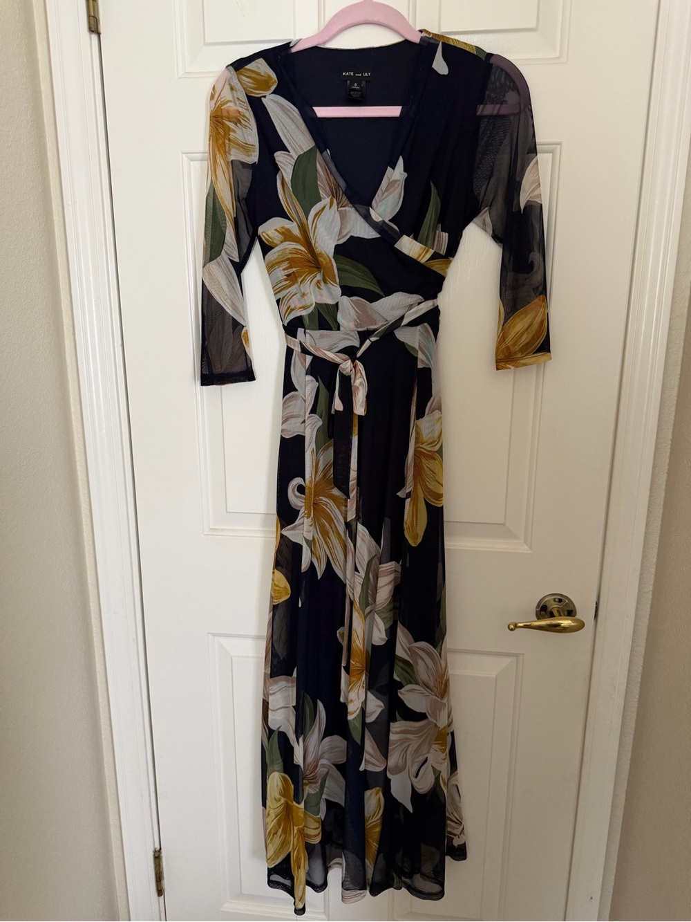 Floral Wrap Maxi Dress in Black with Yellow Blooms